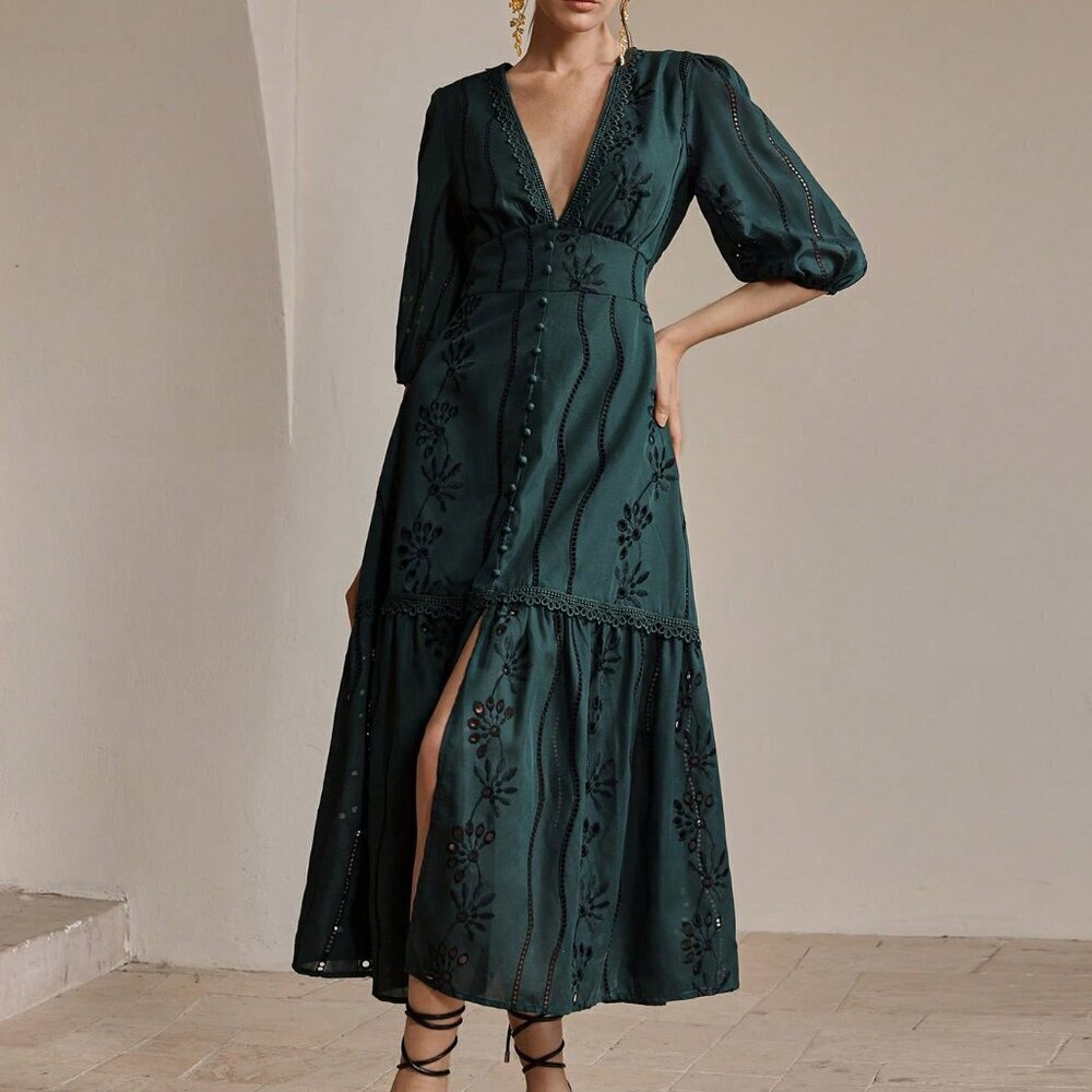 Dark Green Elegant Women's V-Neck Slit Lace Embroidered Long Dress - Picture 7 of 7